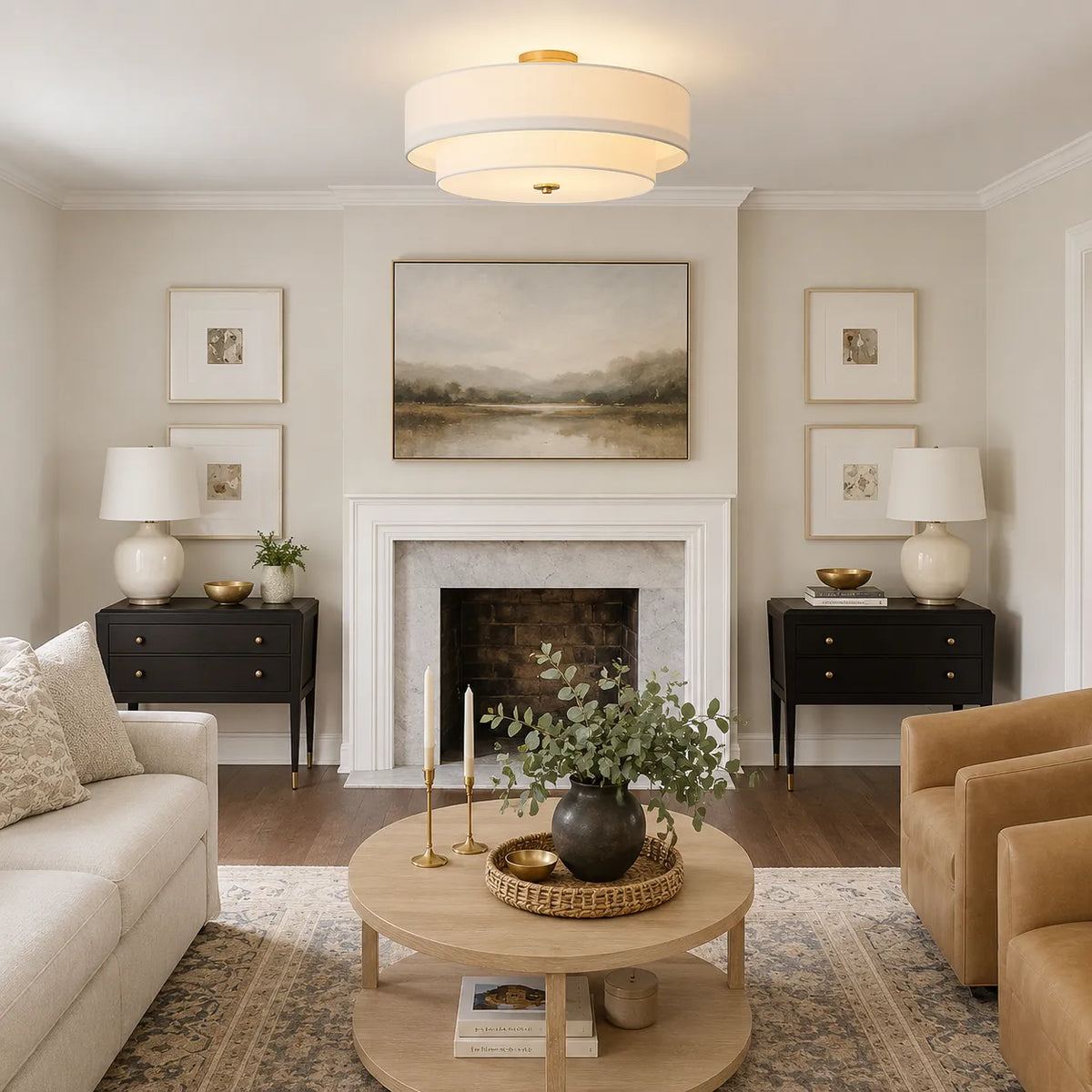 Semi Flush Ceiling Light with Tiered Linen Drum Shade for Bedroom Living Room Dining