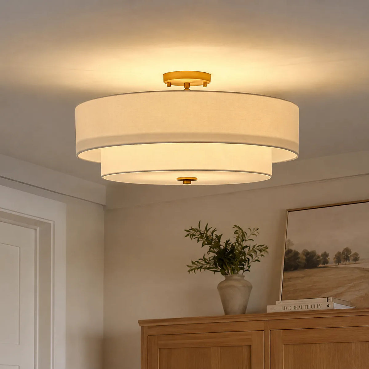 Semi Flush Ceiling Light with Tiered Linen Drum Shade for Bedroom Living Room Dining