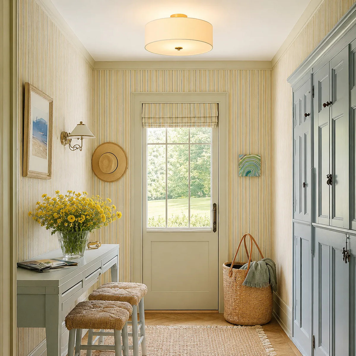 Semi Flush Ceiling Light with Tiered Linen Drum Shade for Bedroom Living Room Dining