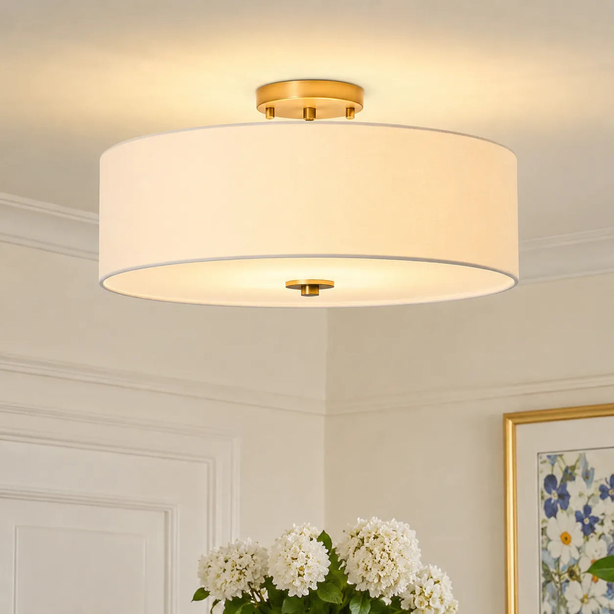 Semi Flush Ceiling Light with Tiered Linen Drum Shade for Bedroom Living Room Dining