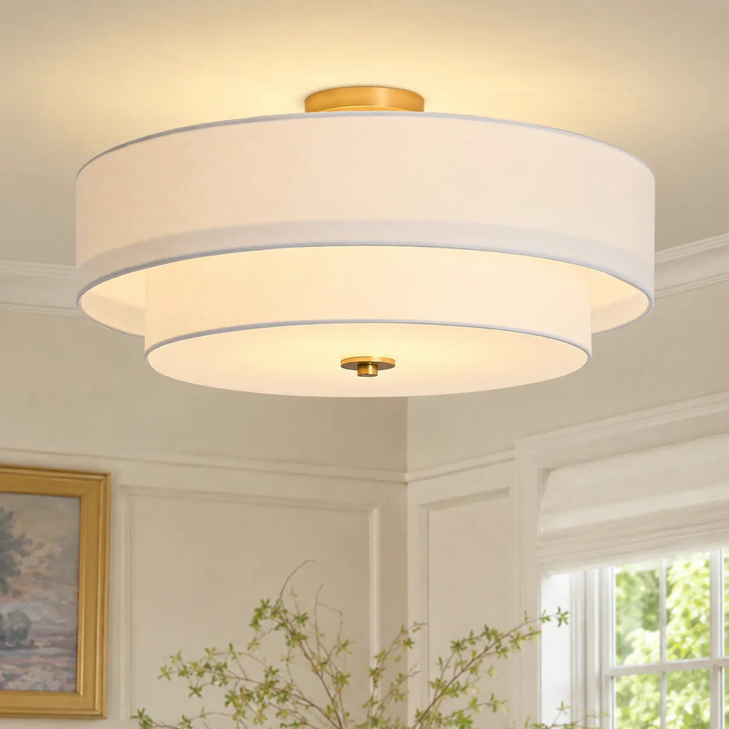 Semi Flush Ceiling Light with Tiered Linen Drum Shade for Bedroom Living Room Dining