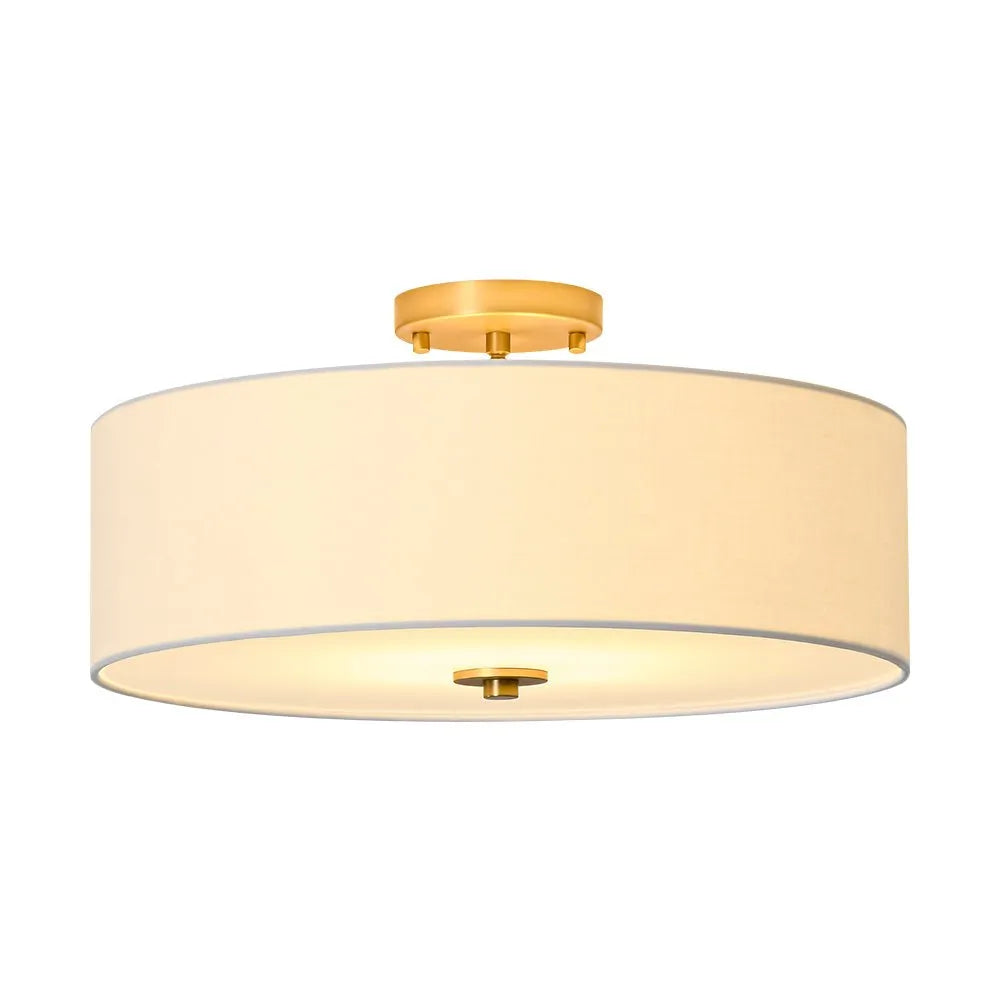 Semi Flush Ceiling Light with Tiered Linen Drum Shade for Bedroom Living Room Dining