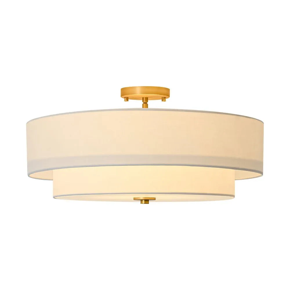 Semi Flush Ceiling Light with Tiered Linen Drum Shade for Bedroom Living Room Dining