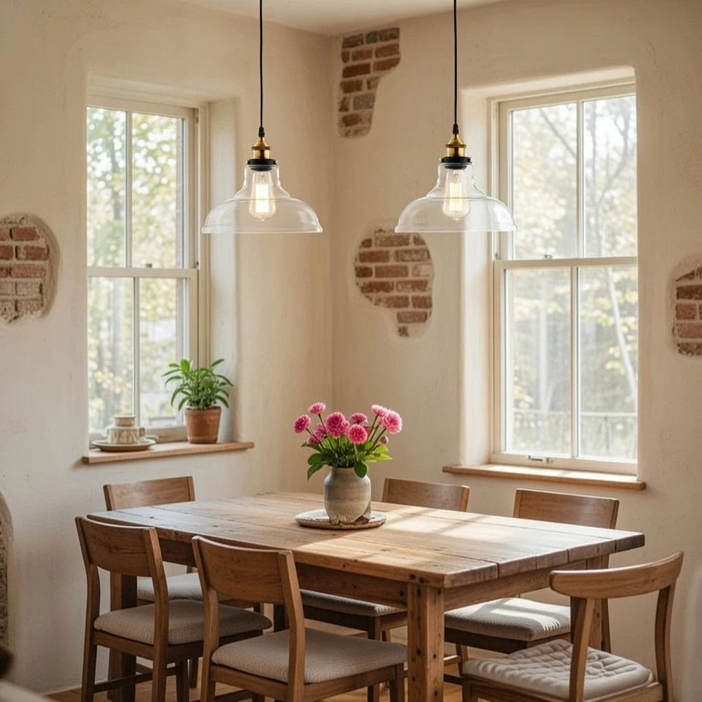 Suspension avec abat-jour en dôme de verre transparent et finition en métal noir, pour salle à manger et cuisine