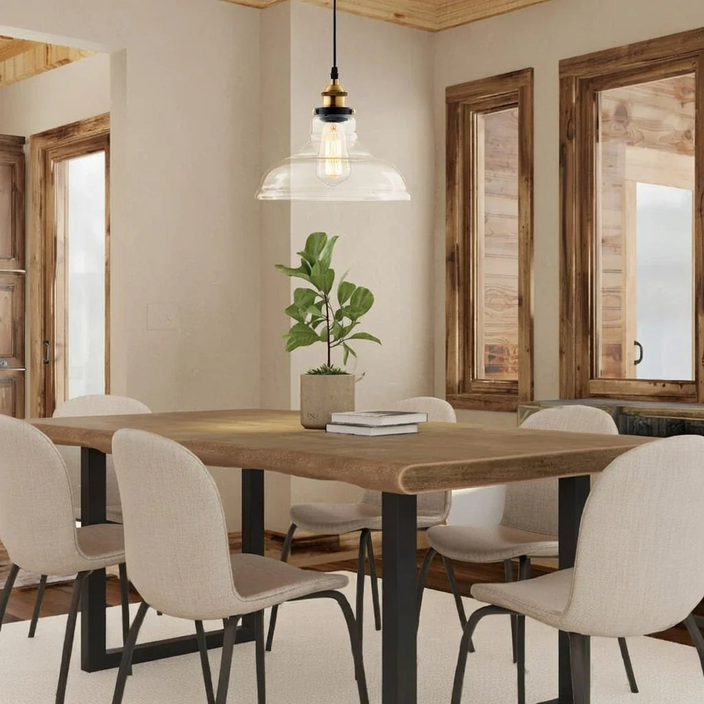 Suspension avec abat-jour en dôme de verre transparent et finition en métal noir, pour salle à manger et cuisine