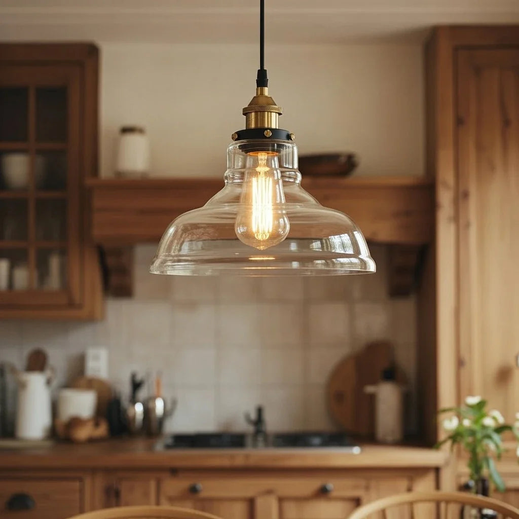 Suspension avec abat-jour en dôme de verre transparent et finition en métal noir, pour salle à manger et cuisine