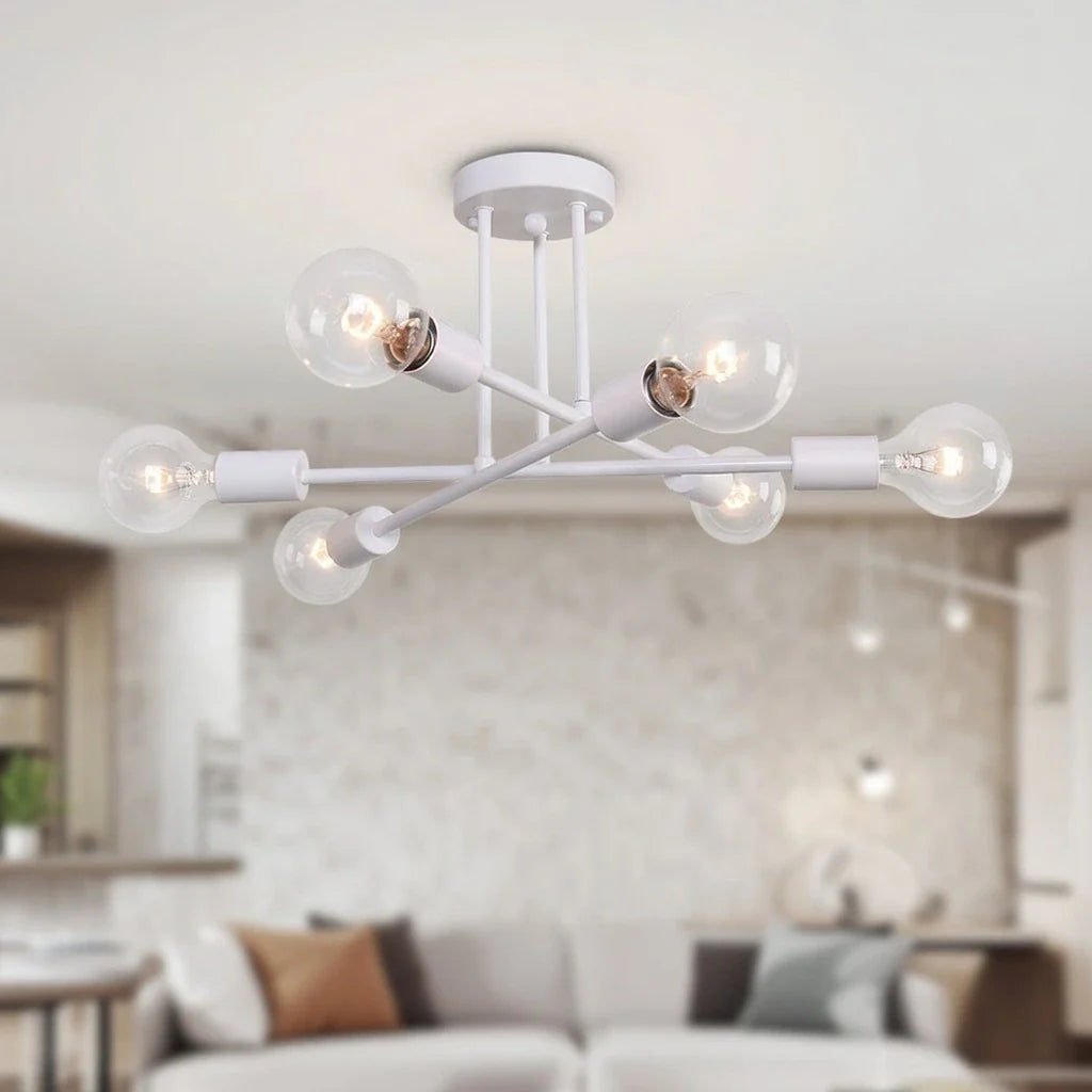 Plafonnier de cuisine semi-affleurant à montage affleurant, à 6 lumières, style Sputnik linéaire mid-century