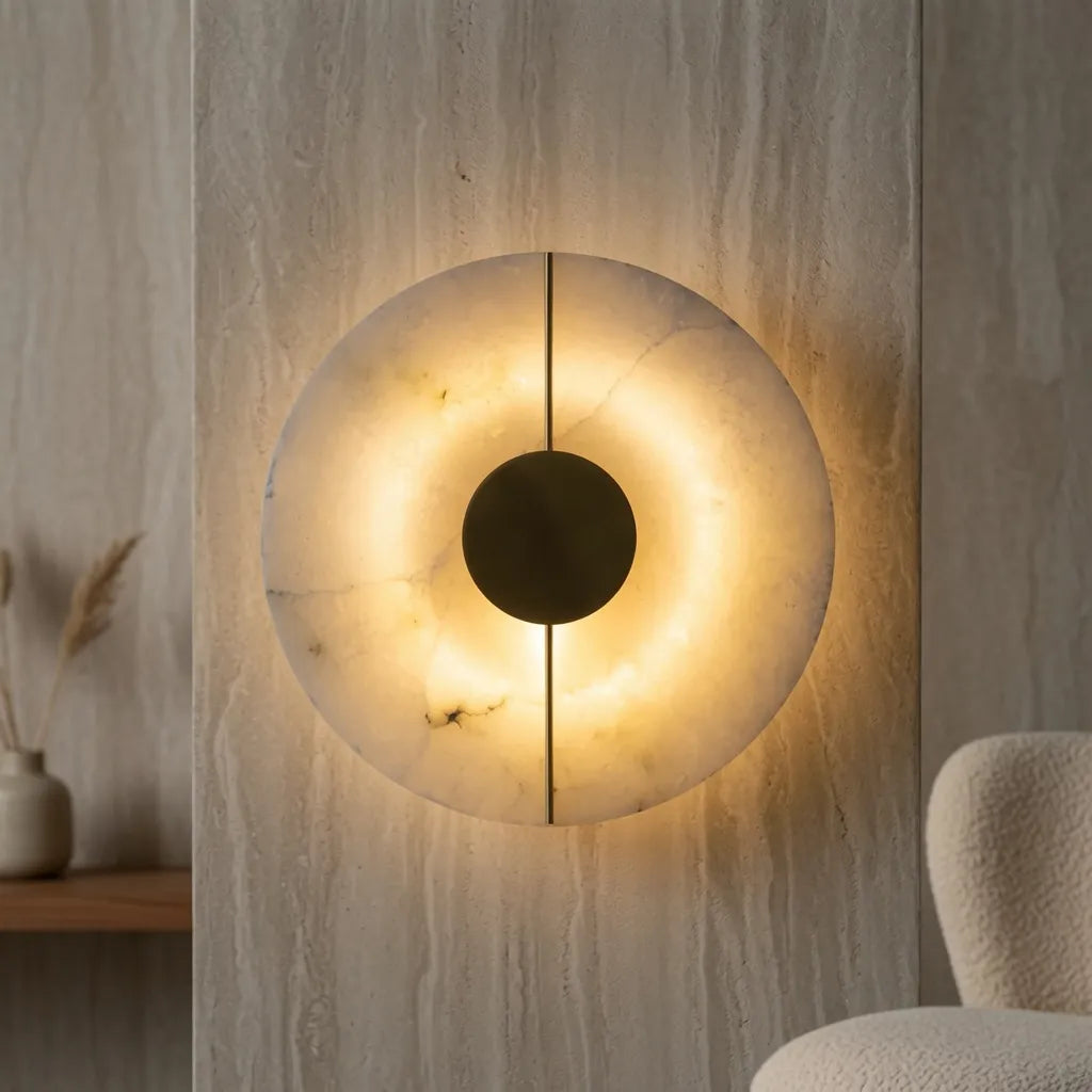 Wandleuchte mit Marmorschirm, Kupferrahmen und LED-Licht
