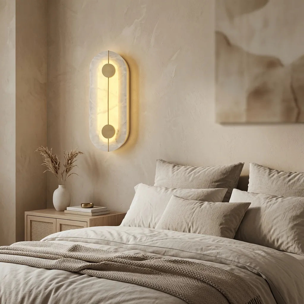 Applique con paralume in marmo e struttura in rame, con luce LED