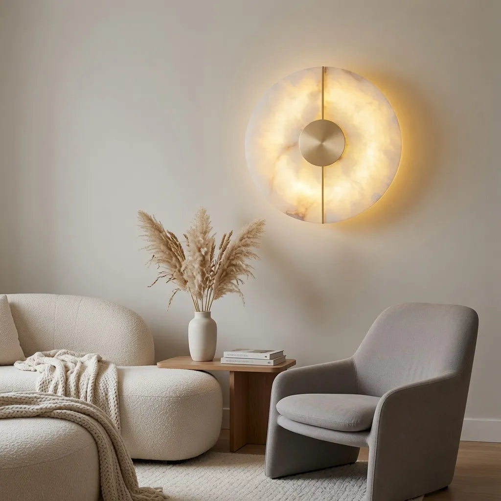 Wandleuchte mit Marmorschirm, Kupferrahmen und LED-Licht