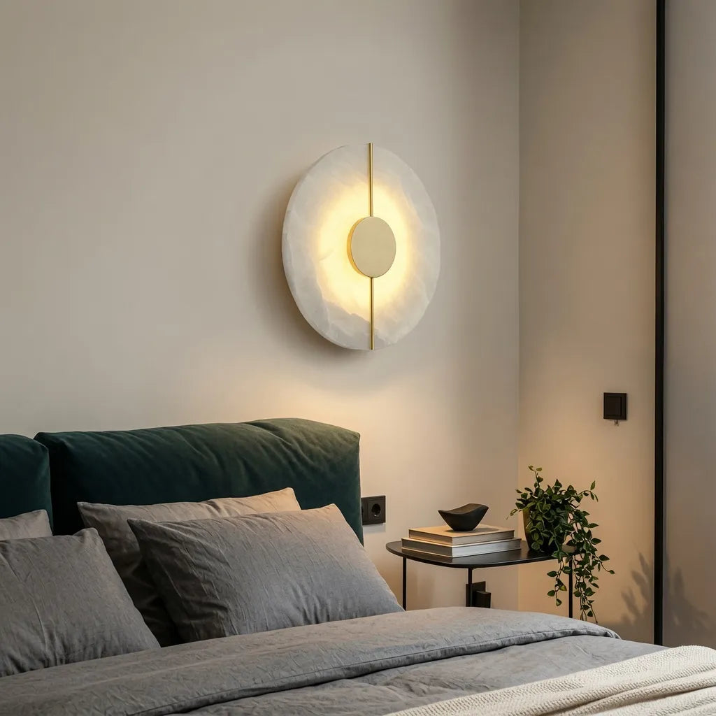 Wandleuchte mit Marmorschirm, Kupferrahmen und LED-Licht