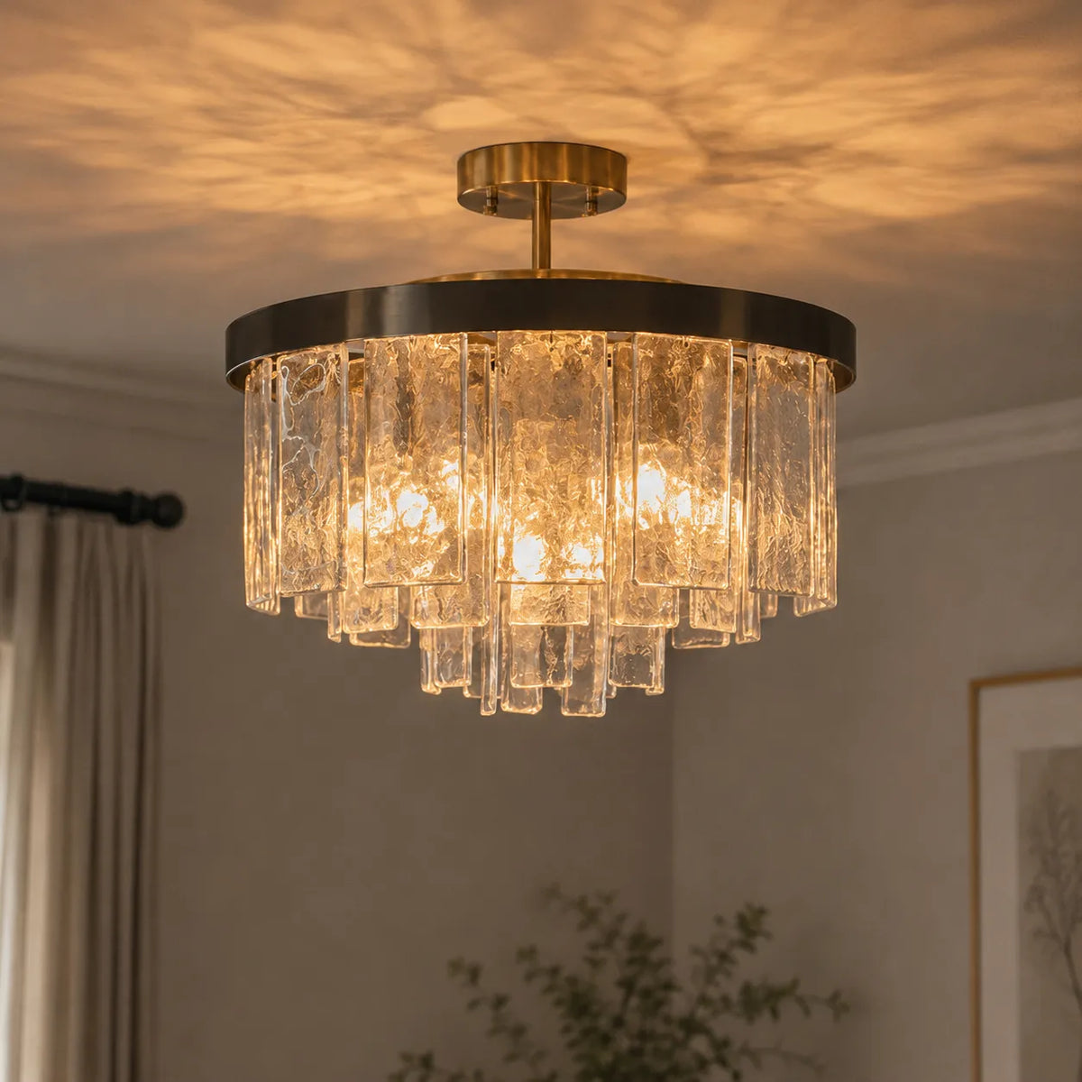 Chandelier Light with Tiered Water Glass Drum Shade and Five-Light Modern Design for Living Room