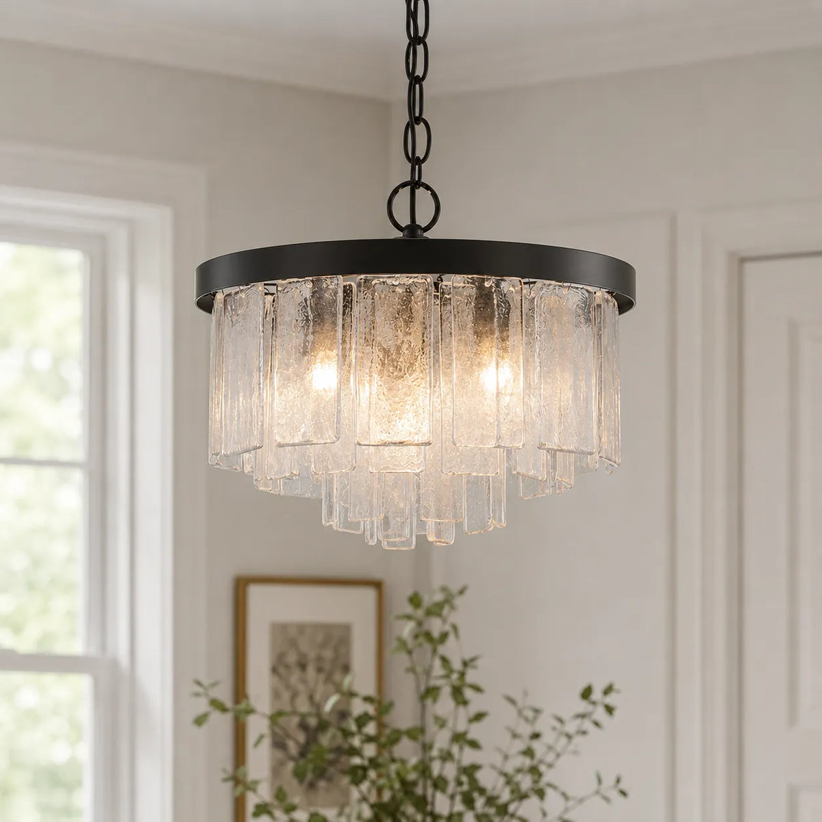 Chandelier Light with Tiered Water Glass Drum Shade and Five-Light Modern Design for Living Room