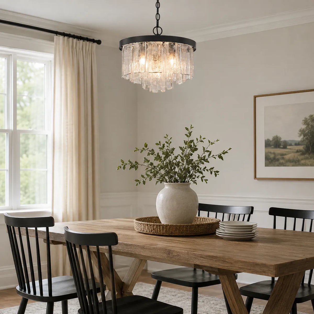 Chandelier Light with Tiered Water Glass Drum Shade and Five-Light Modern Design for Living Room
