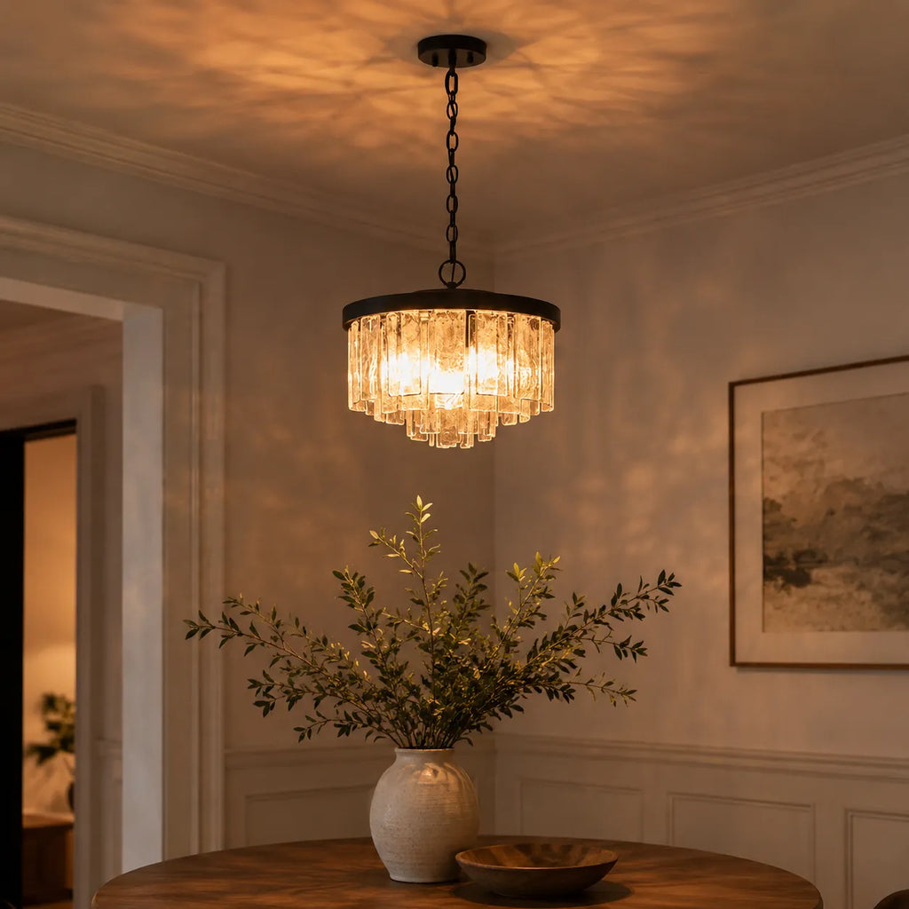 Chandelier Light with Tiered Water Glass Drum Shade and Five-Light Modern Design for Living Room