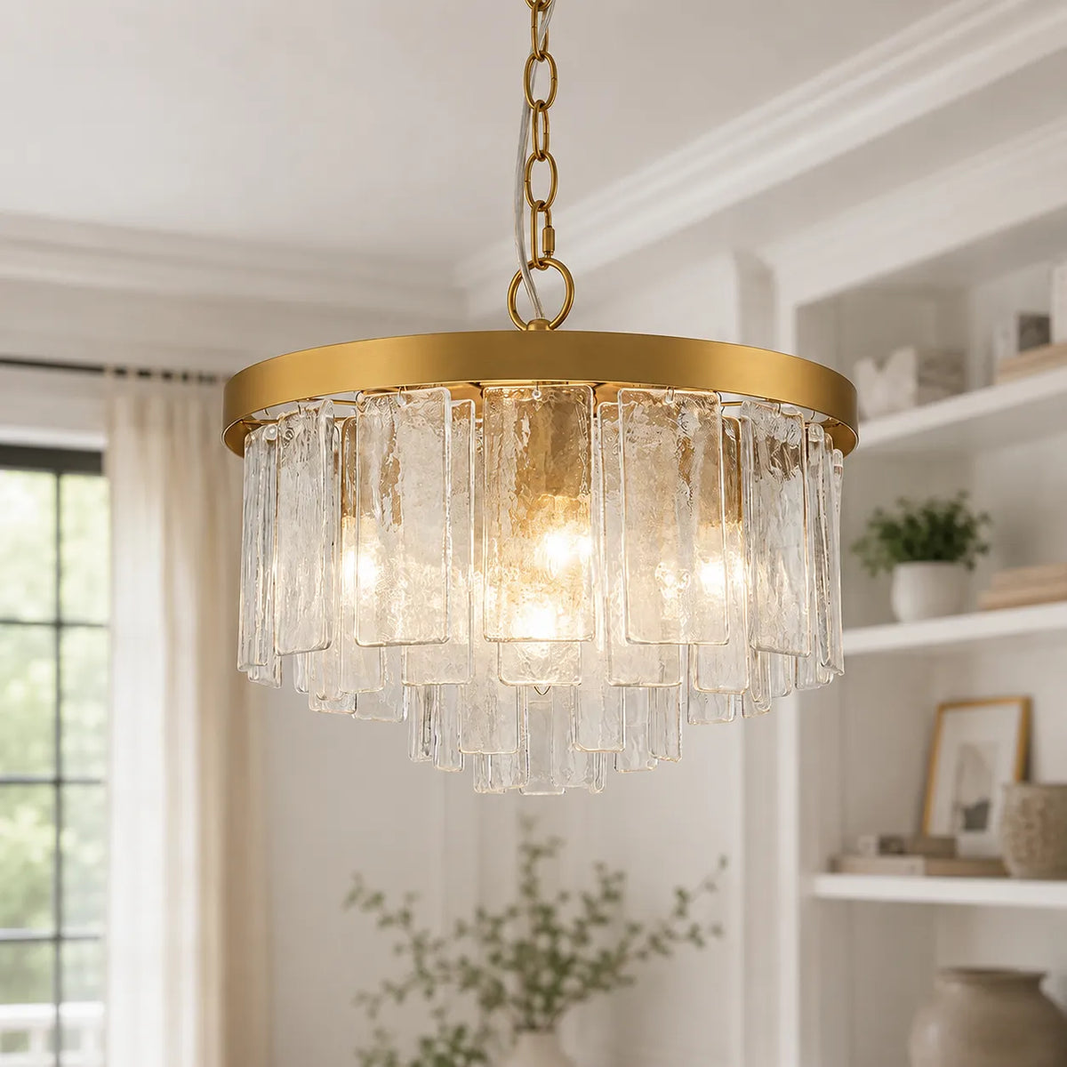 Chandelier Light with Tiered Water Glass Drum Shade and Five-Light Modern Design for Living Room