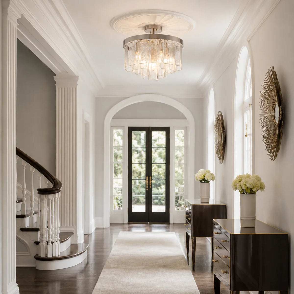 Chandelier Light with Tiered Water Glass Drum Shade and Five-Light Modern Design for Living Room