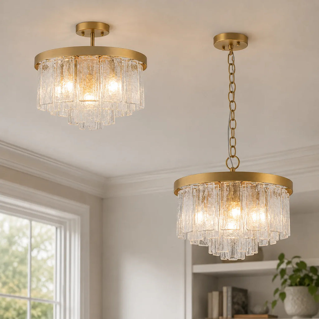Chandelier Light with Tiered Water Glass Drum Shade and Five-Light Modern Design for Living Room
