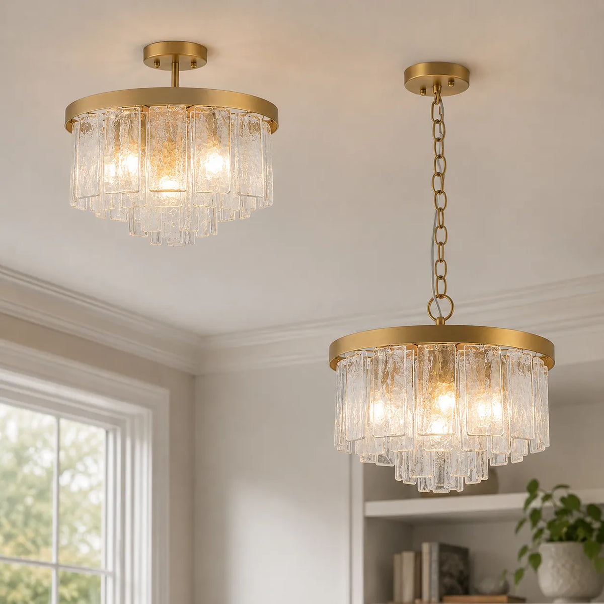 Chandelier Light with Tiered Water Glass Drum Shade and Five-Light Modern Design for Living Room