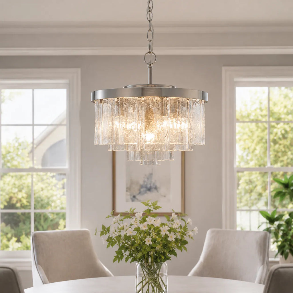 Chandelier Light with Tiered Water Glass Drum Shade and Five-Light Modern Design for Living Room