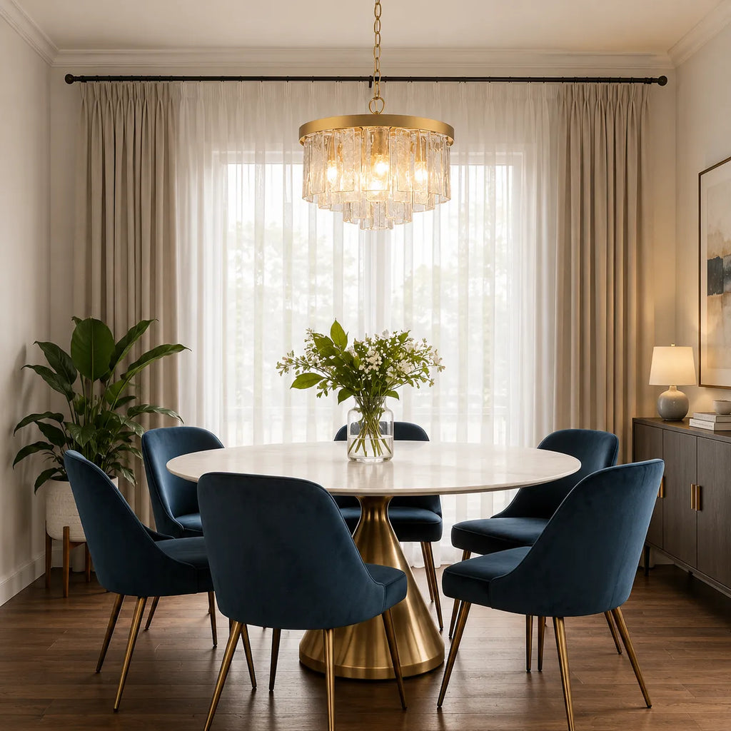 Chandelier Light with Tiered Water Glass Drum Shade and Five-Light Modern Design for Living Room