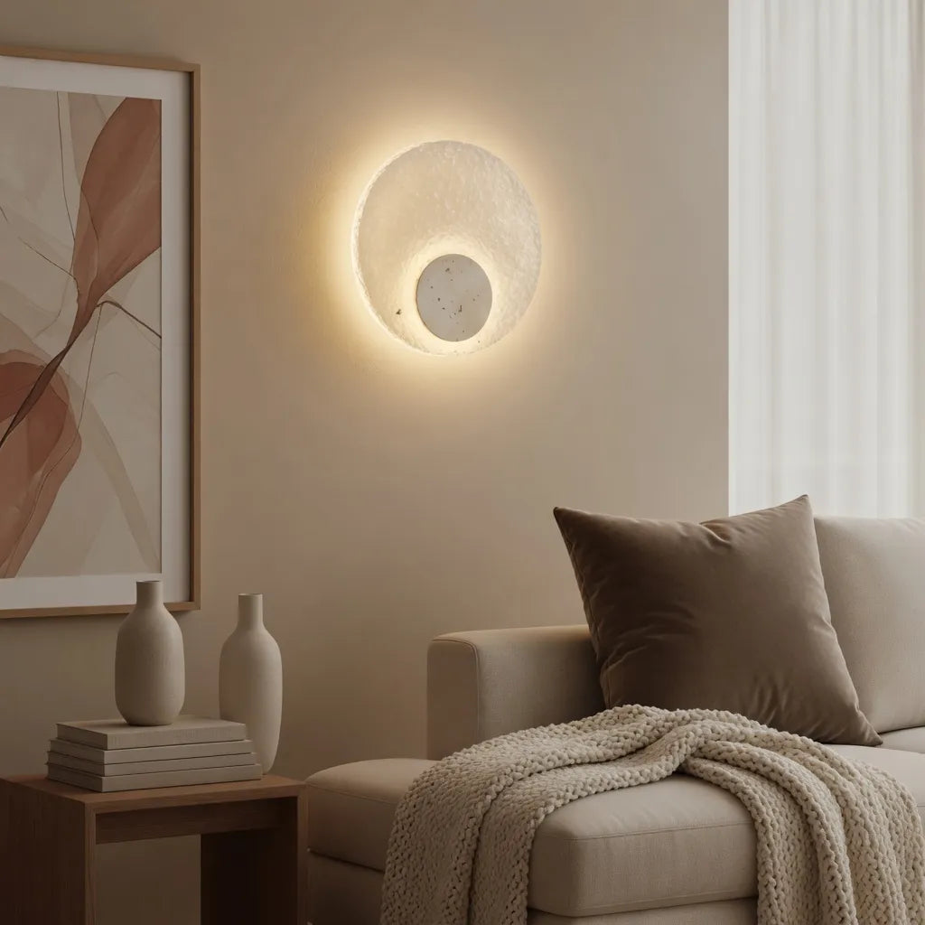 Applique murale avec base en travertin, diffuseur en acrylique et LED, au design moderne