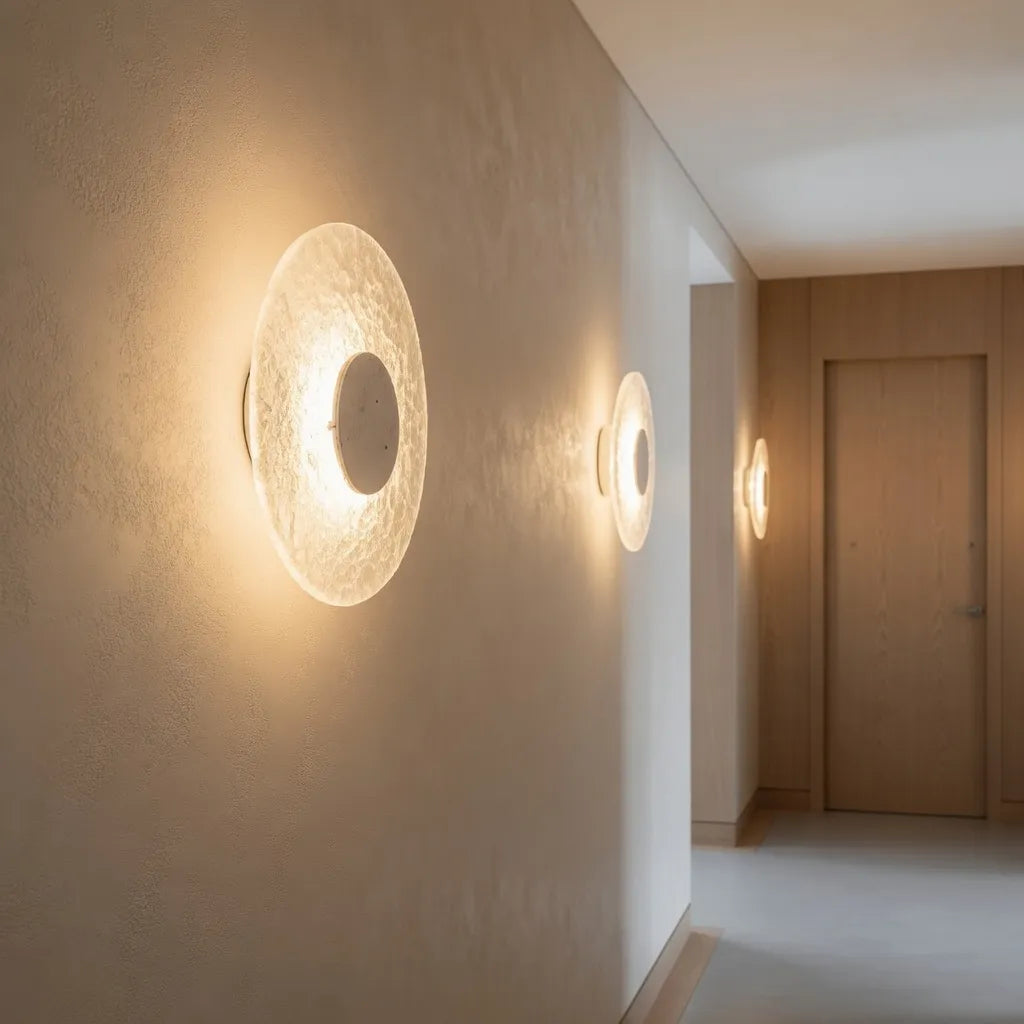 Applique con base in travertino e diffusore in acrilico, LED e design moderno