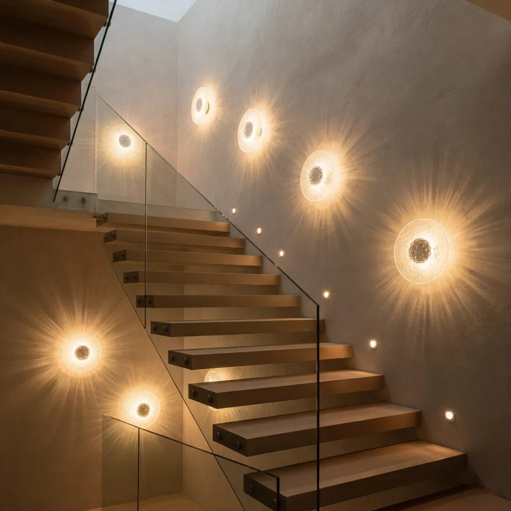 Applique murale avec base en travertin, diffuseur en acrylique et LED, au design moderne