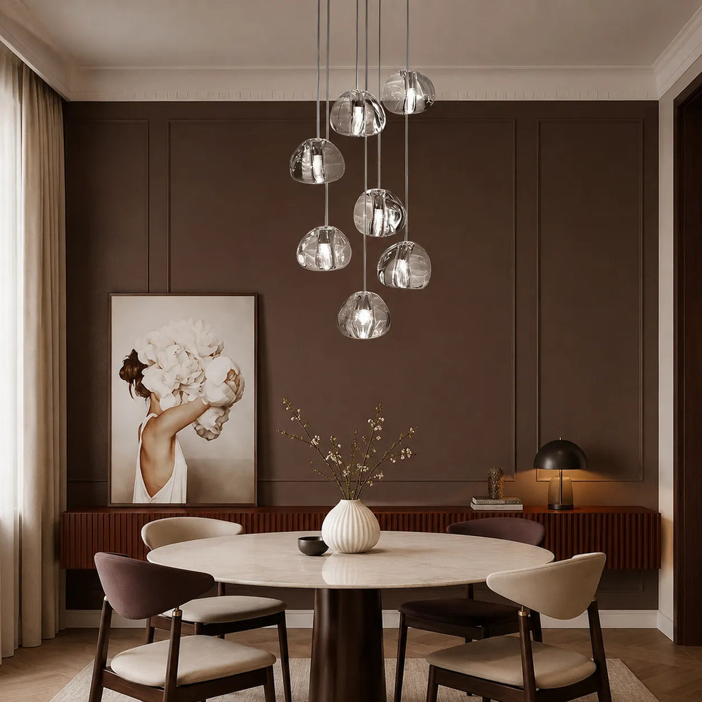 Pendant Light with Modern Crystal Waterfall Cluster Design and Faceted Elements
