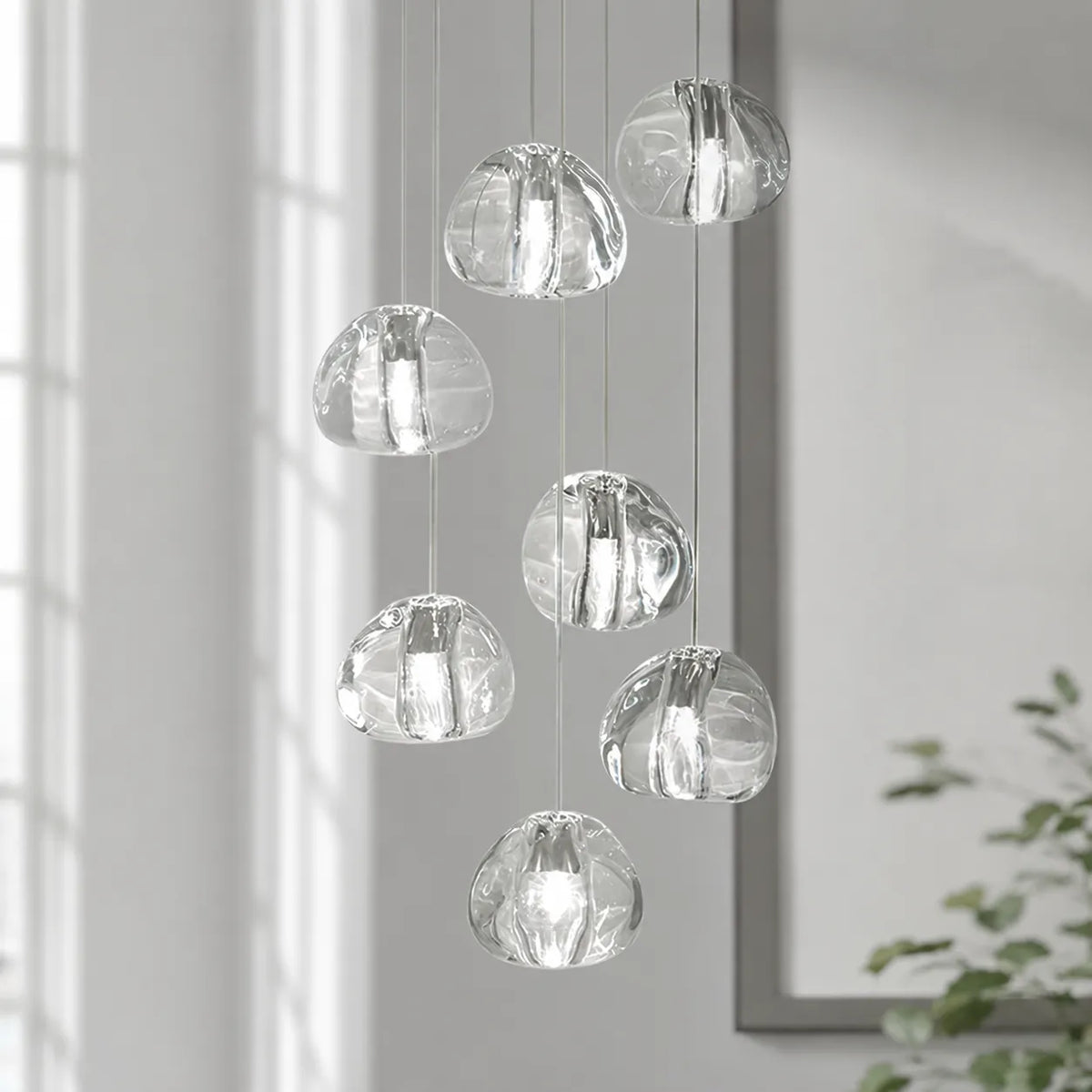 Pendant Light with Modern Crystal Waterfall Cluster Design and Faceted Elements