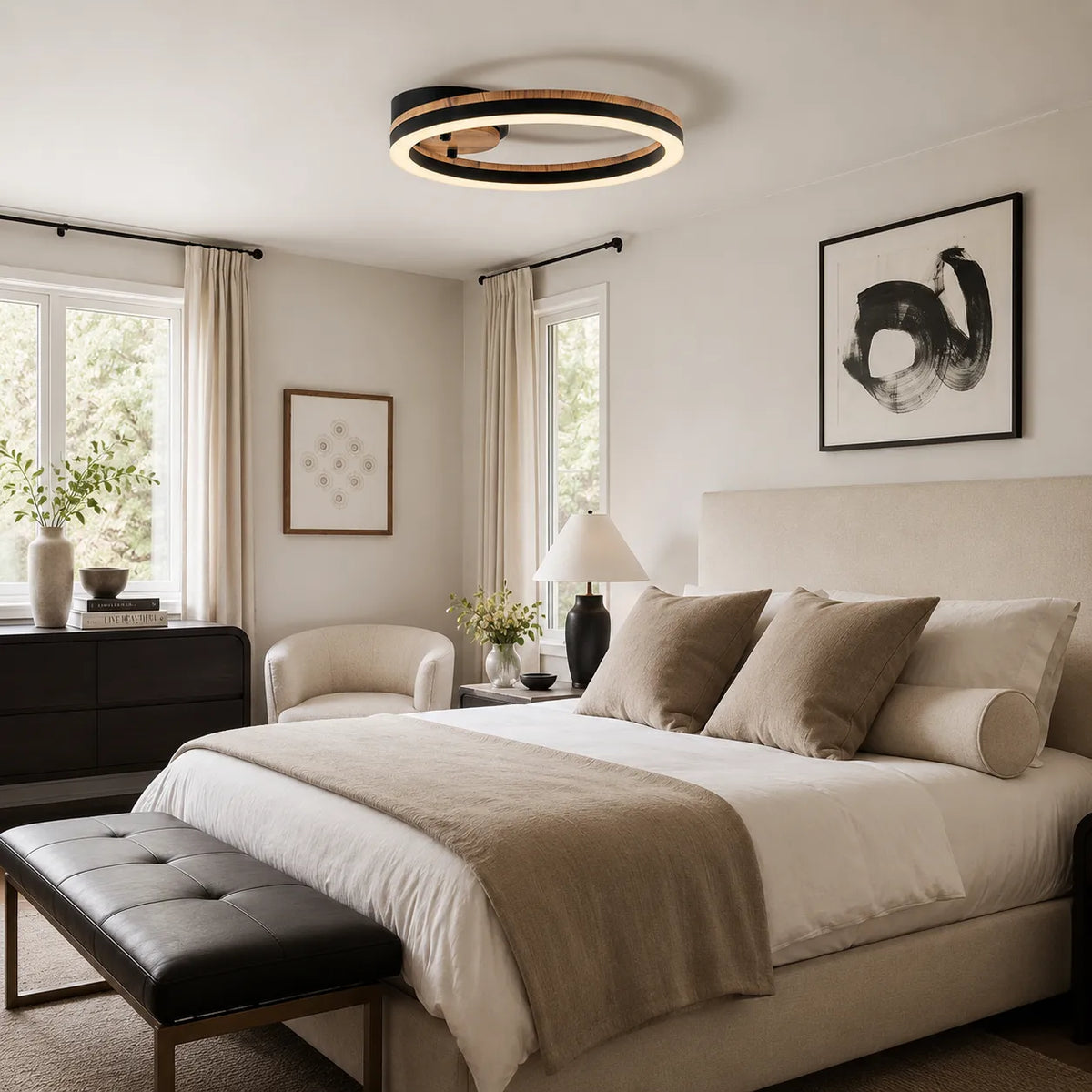Kitchen Ceiling Lights Semi Flush LED with Modern Wood Accent Ring Design