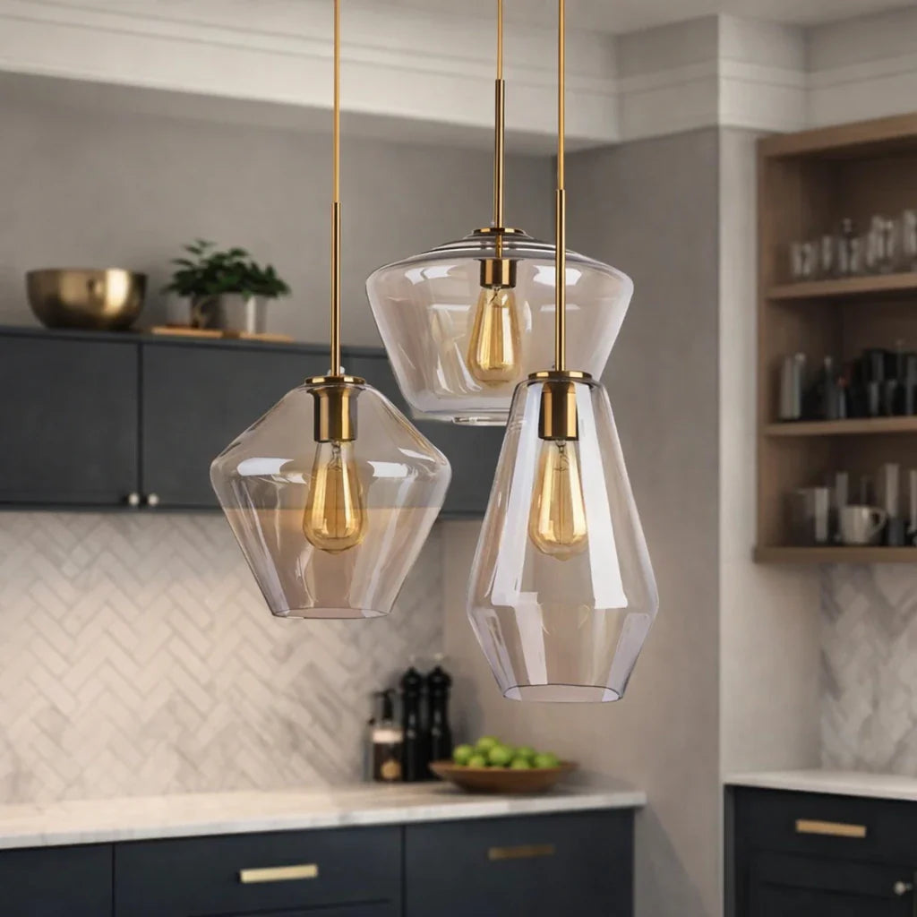 Pendant Light with Geometric Glass Shade and Dimmable LED for Living Room