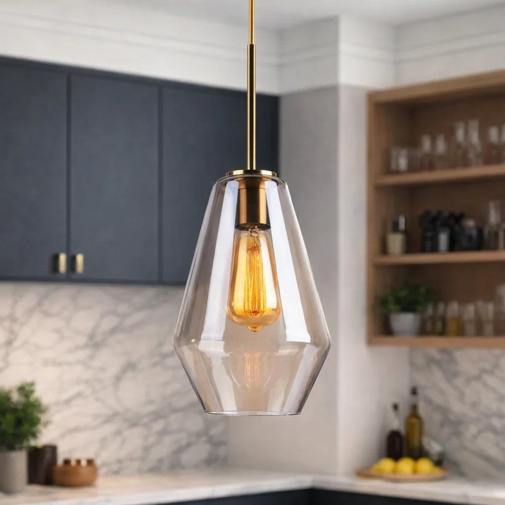 Pendant Light with Geometric Glass Shade and Dimmable LED for Living Room