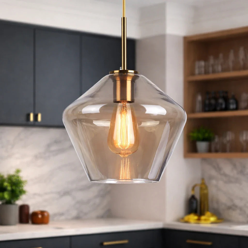 Pendant Light with Geometric Glass Shade and Dimmable LED for Living Room