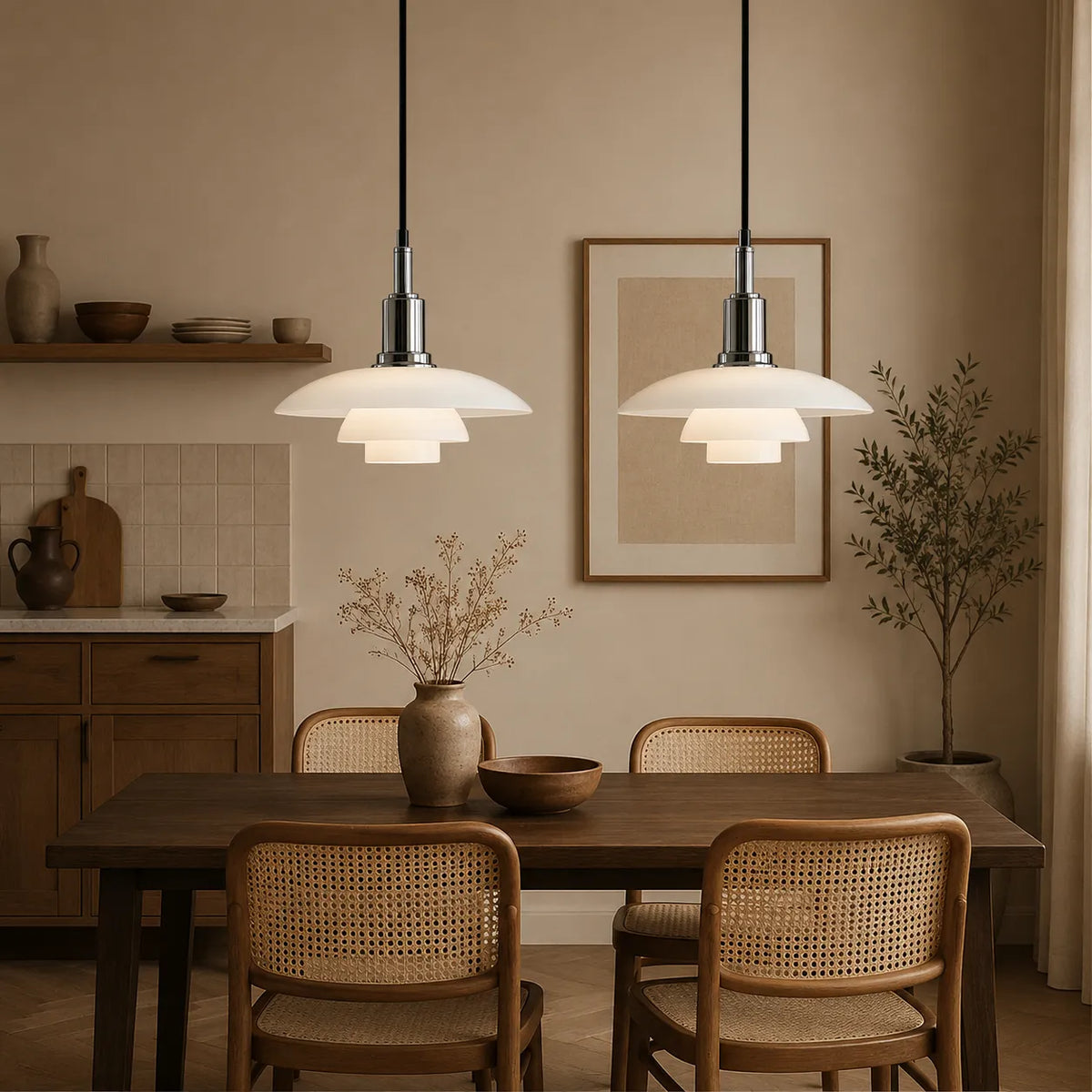 Pendant Light with Layered Scandinavian Design and Linear Multi-Head Glass Shades