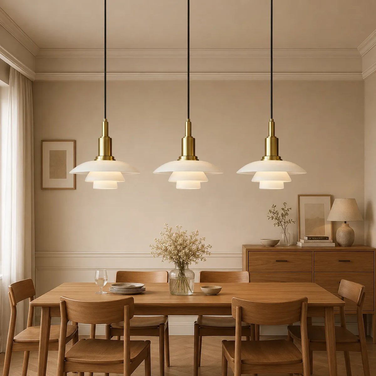 Pendant Light with Layered Scandinavian Design and Linear Multi-Head Glass Shades