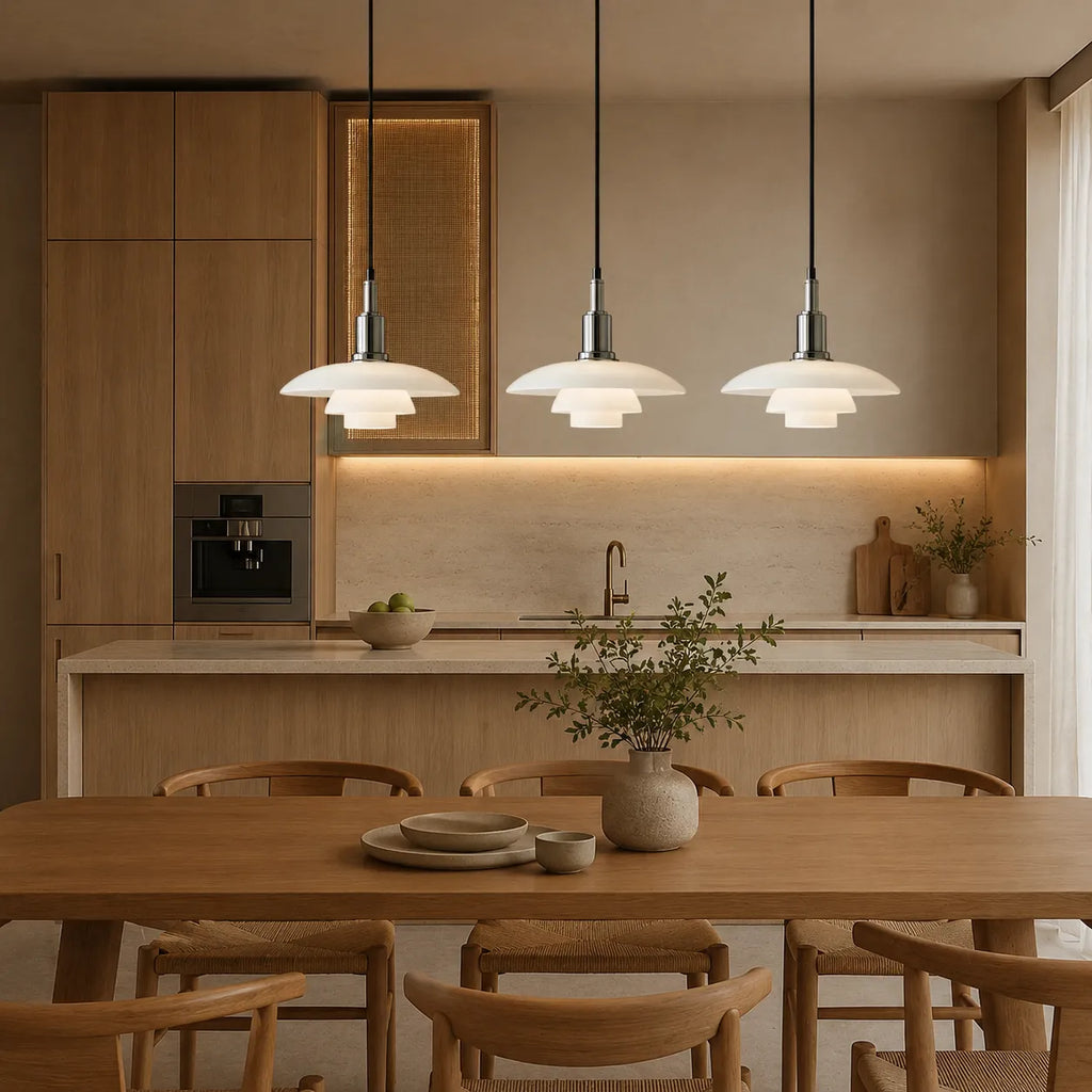 Pendant Light with Layered Scandinavian Design and Linear Multi-Head Glass Shades
