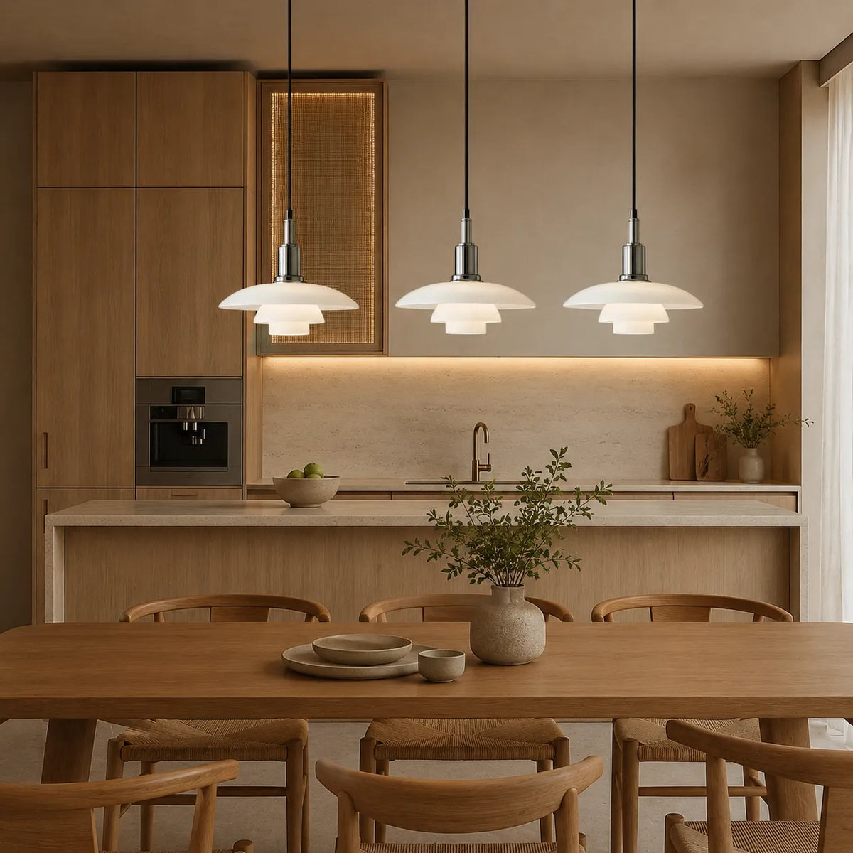 Pendant Light with Layered Scandinavian Design and Linear Multi-Head Glass Shades