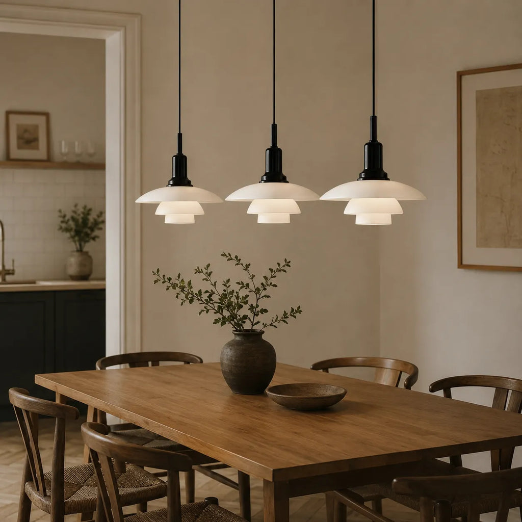 Pendant Light with Layered Scandinavian Design and Linear Multi-Head Glass Shades
