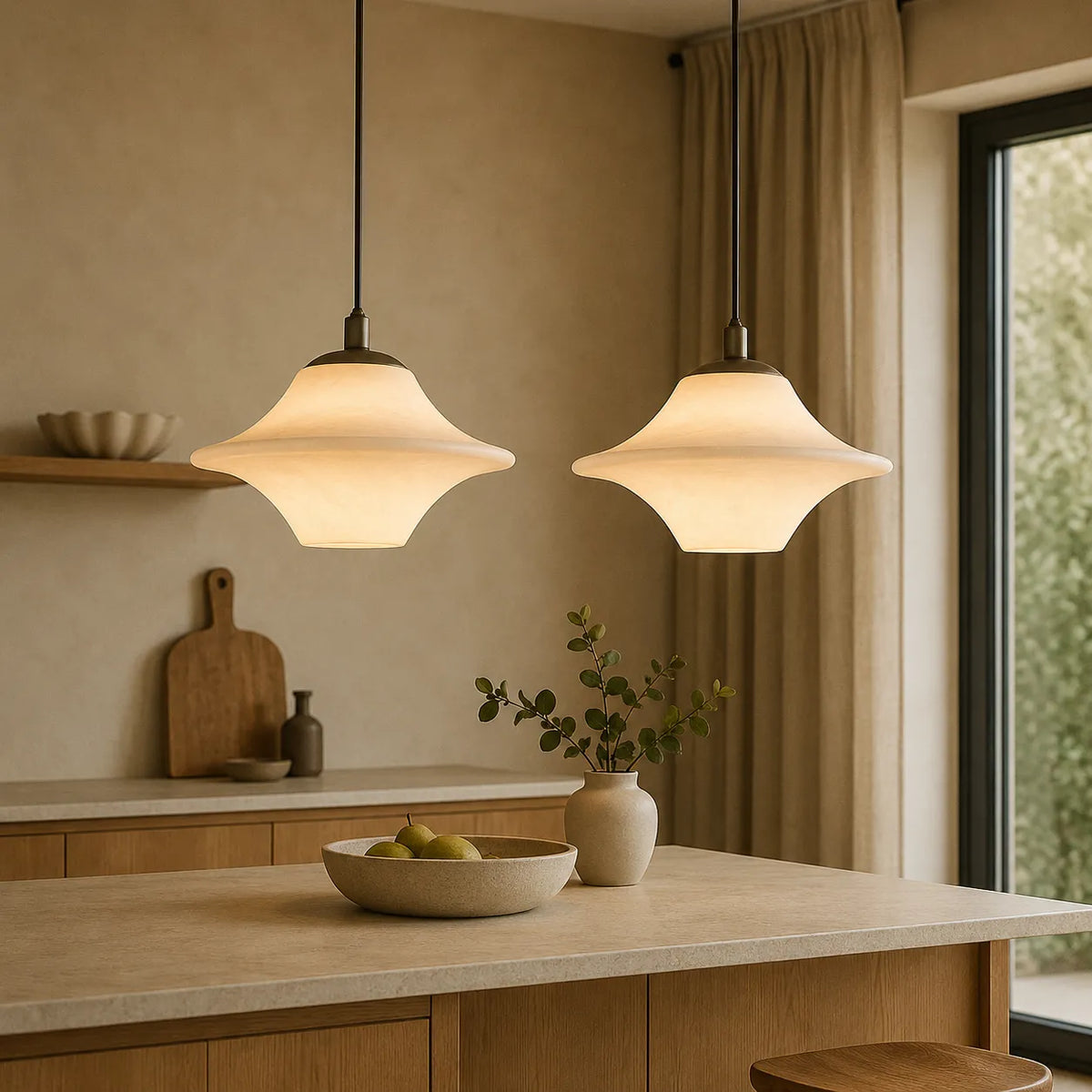 Pendant Light with Modern Sculptural Alabaster Shade and Organic Form