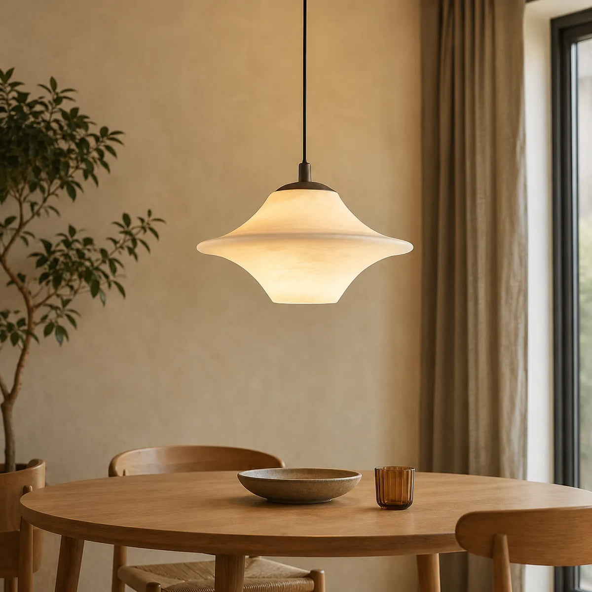 Pendant Light with Modern Sculptural Alabaster Shade and Organic Form
