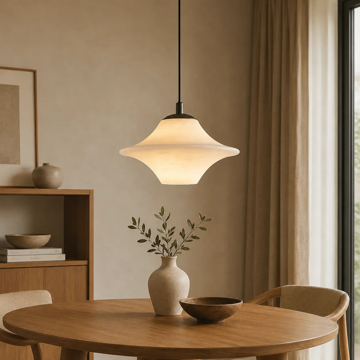 Pendant Light with Modern Sculptural Alabaster Shade and Organic Form