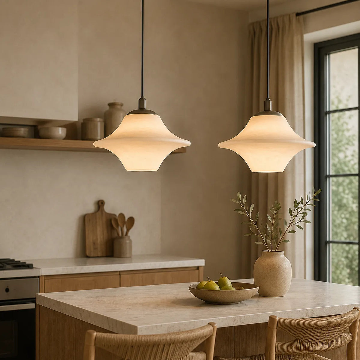 Pendant Light with Modern Sculptural Alabaster Shade and Organic Form