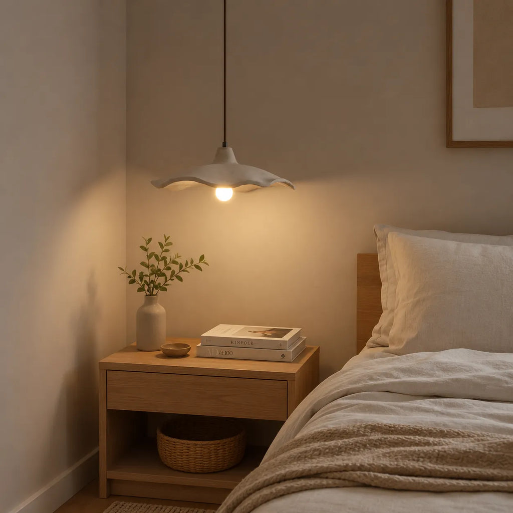 Suspension avec motif sculpté de fleur en ciment et douce lumière d’ambiance