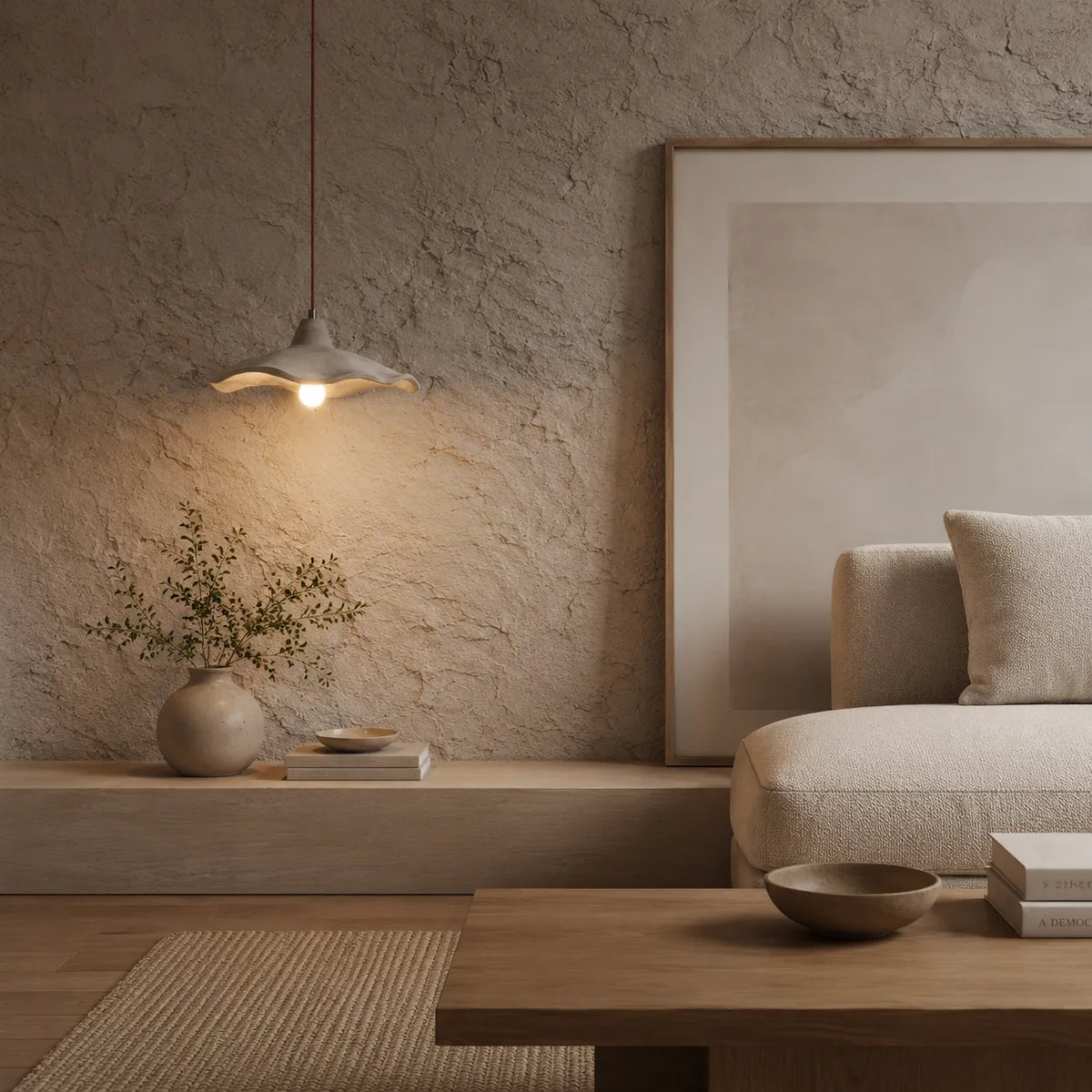 Pendant Light with Sculpted Cement Flower Design and Soft Ambient Glow