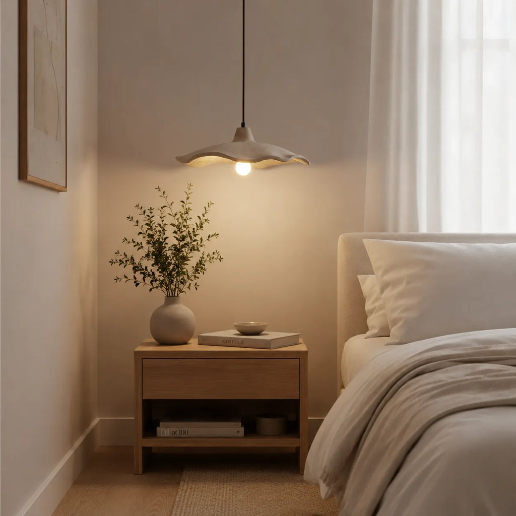 Suspension avec motif sculpté de fleur en ciment et douce lumière d’ambiance