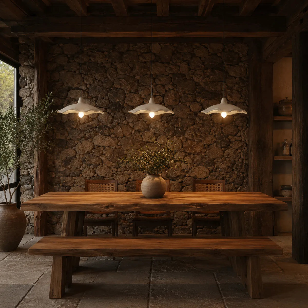 Suspension avec motif sculpté de fleur en ciment et douce lumière d’ambiance