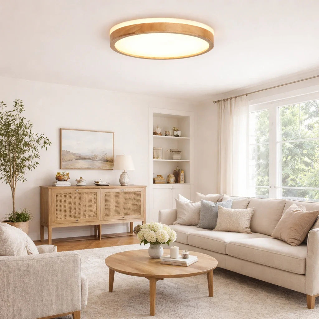Lampada da soffitto Orin nordica con dettaglio in legno, LED dimmerabile