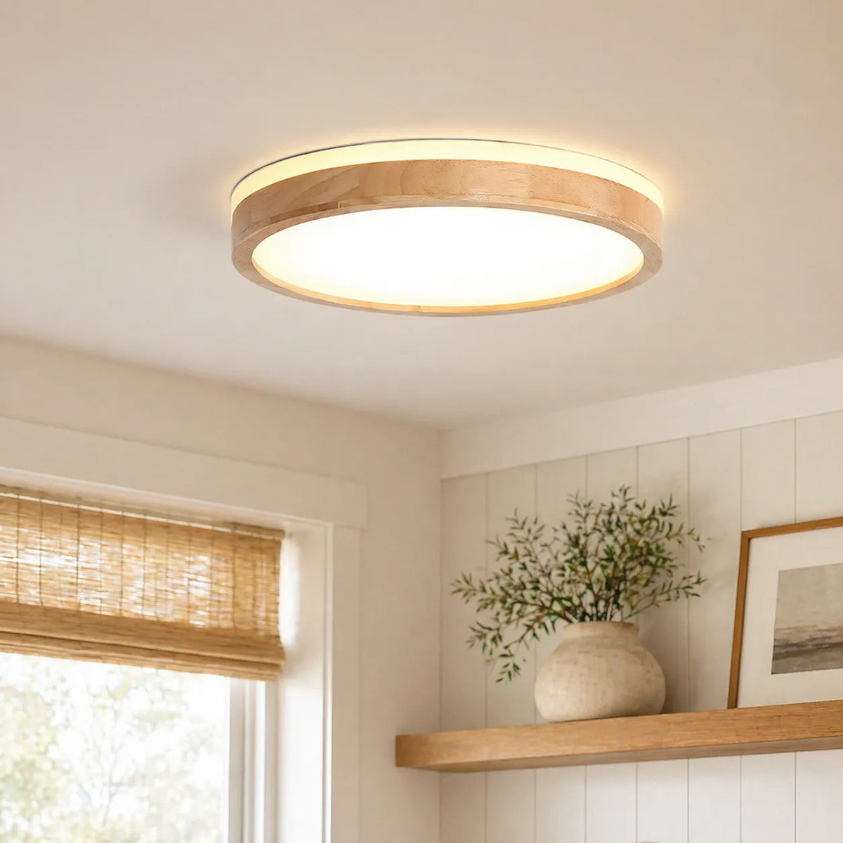 Lampada da soffitto Orin nordica con dettaglio in legno, LED dimmerabile