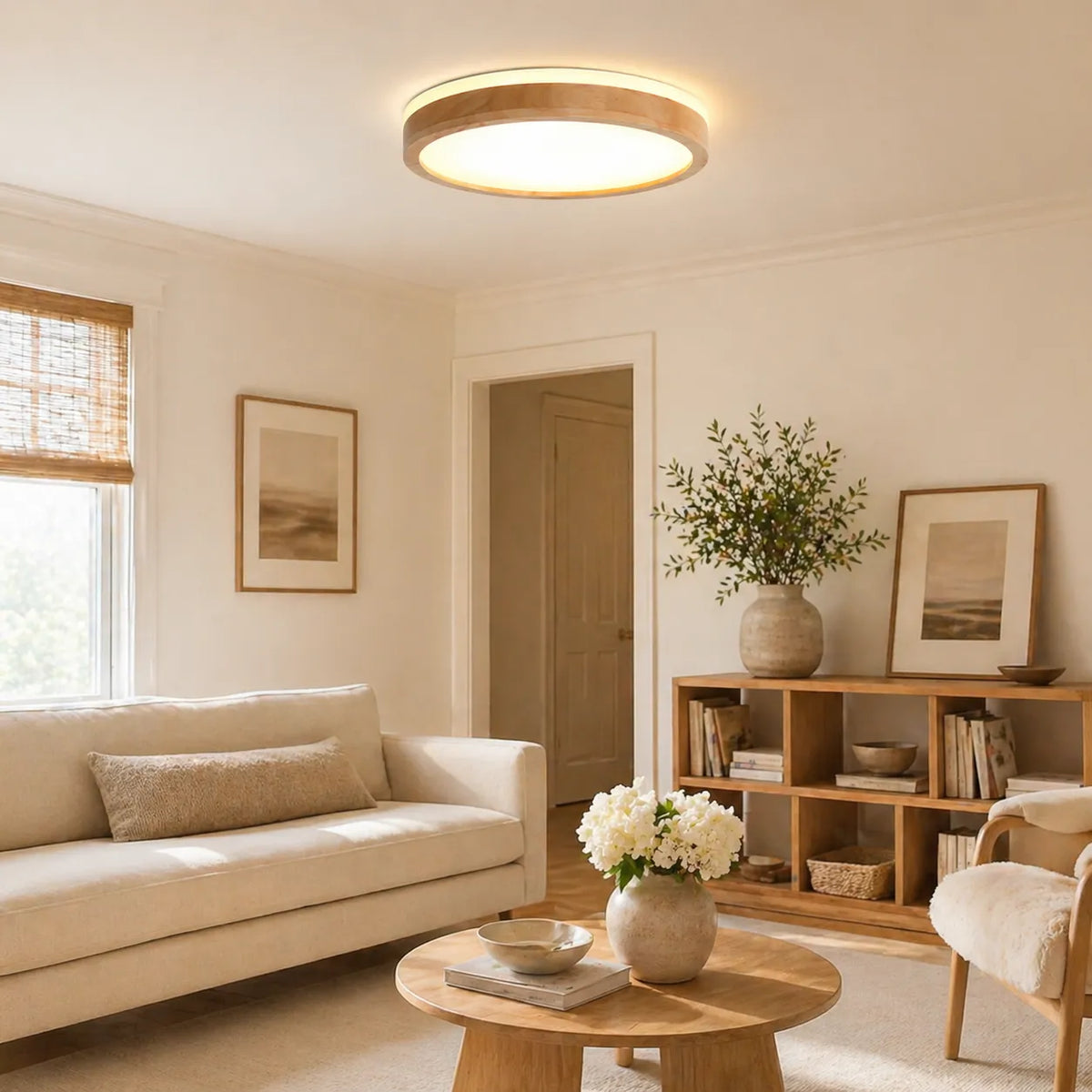 Lampada da soffitto Orin nordica con dettaglio in legno, LED dimmerabile